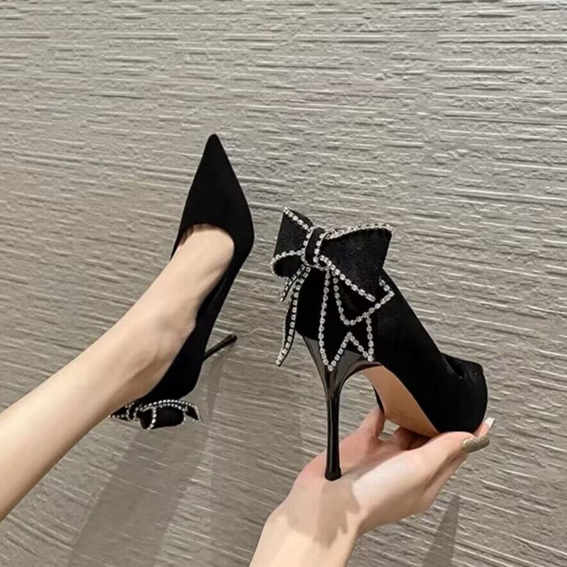 Γυναικείες Pumps Back Κρυστάλλινα Παπούτσια Boat Bow με μυτερές μύτες Stilettos Μαύρο Faux Suede Super ψηλά τακούνια παπούτσια Zapatos Mujer 1298N