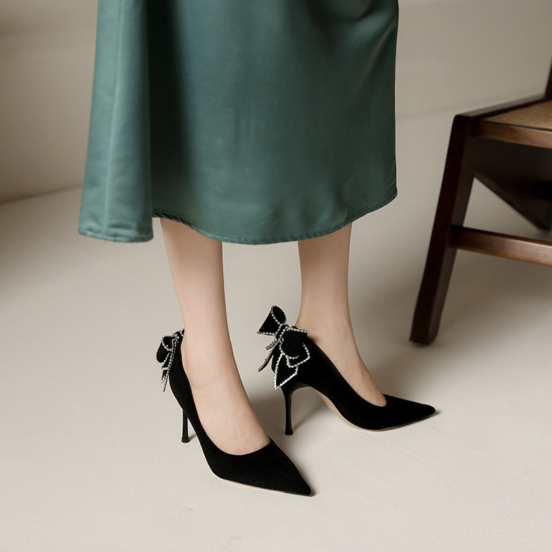 Γυναικείες Pumps Back Κρυστάλλινα Παπούτσια Boat Bow με μυτερές μύτες Stilettos Μαύρο Faux Suede Super ψηλά τακούνια παπούτσια Zapatos Mujer 1298N