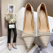 Nove proljetne ženske jacquard tkanine Houndstooth salonke na špagu s perlama na visoku petu čamac cipele sa šiljatim vrhom Štikle s rešetkom tacones 1123N