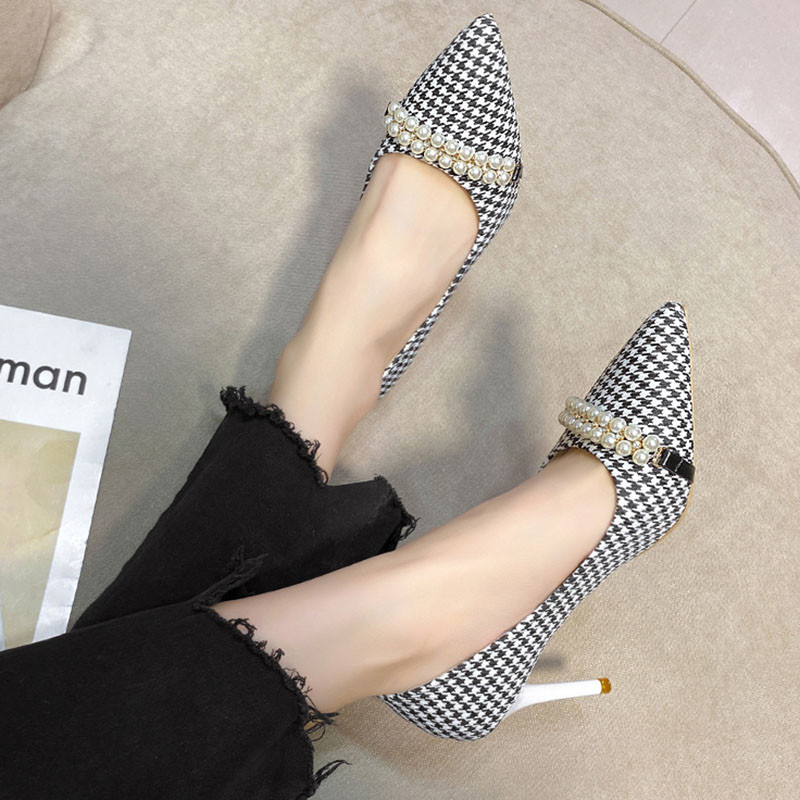 Nove proljetne ženske jacquard tkanine Houndstooth salonke na špagu s perlama na visoku petu čamac cipele sa šiljatim vrhom Štikle s rešetkom tacones 1123N