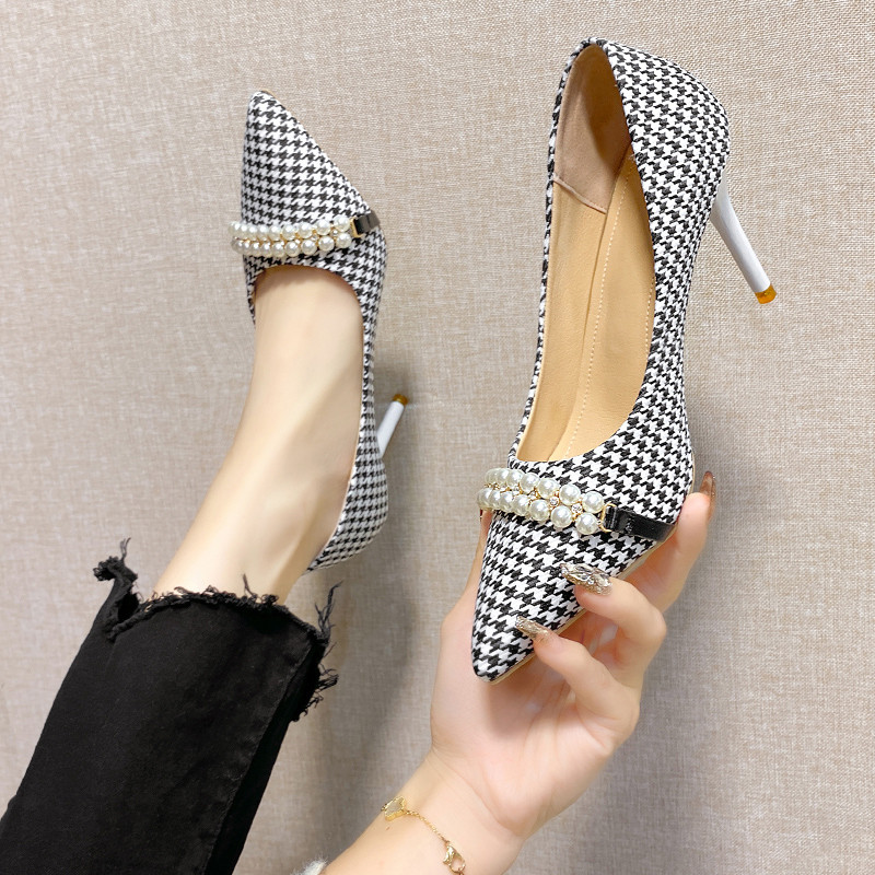 Nove proljetne ženske jacquard tkanine Houndstooth salonke na špagu s perlama na visoku petu čamac cipele sa šiljatim vrhom Štikle s rešetkom tacones 1123N
