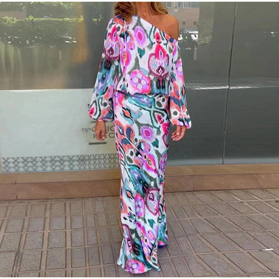 Dámska módna sukňa s dlhým rukávom a potlačou s odhalenými ramenami, 2-dielna súprava s dlhým rukávom a vysokým pásom, letná sukňa s vysokým pásom a potlačou