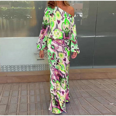 Dámska módna sukňa s dlhým rukávom a potlačou s odhalenými ramenami, 2-dielna súprava s dlhým rukávom a vysokým pásom, letná sukňa s vysokým pásom a potlačou