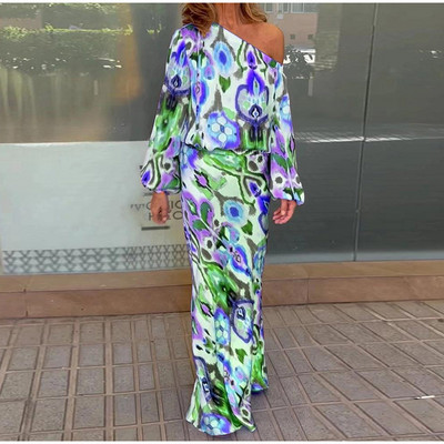 Dámska módna sukňa s dlhým rukávom a potlačou s odhalenými ramenami, 2-dielna súprava s dlhým rukávom a vysokým pásom, letná sukňa s vysokým pásom a potlačou