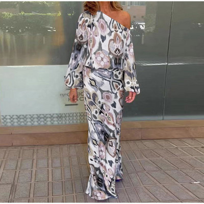 Dámska módna sukňa s dlhým rukávom a potlačou s odhalenými ramenami, 2-dielna súprava s dlhým rukávom a vysokým pásom, letná sukňa s vysokým pásom a potlačou