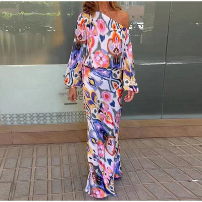 Dámska módna sukňa s dlhým rukávom a potlačou s odhalenými ramenami, 2-dielna súprava s dlhým rukávom a vysokým pásom, letná sukňa s vysokým pásom a potlačou