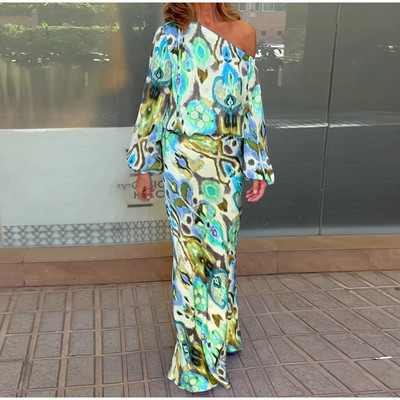 Dámska módna sukňa s dlhým rukávom a potlačou s odhalenými ramenami, 2-dielna súprava s dlhým rukávom a vysokým pásom, letná sukňa s vysokým pásom a potlačou