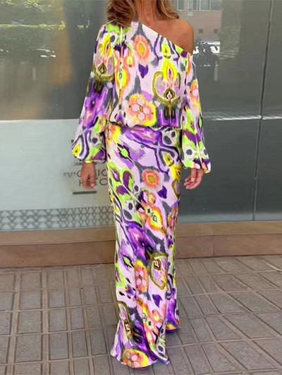 Dámska módna sukňa s dlhým rukávom a potlačou s odhalenými ramenami, 2-dielna súprava s dlhým rukávom a vysokým pásom, letná sukňa s vysokým pásom a potlačou