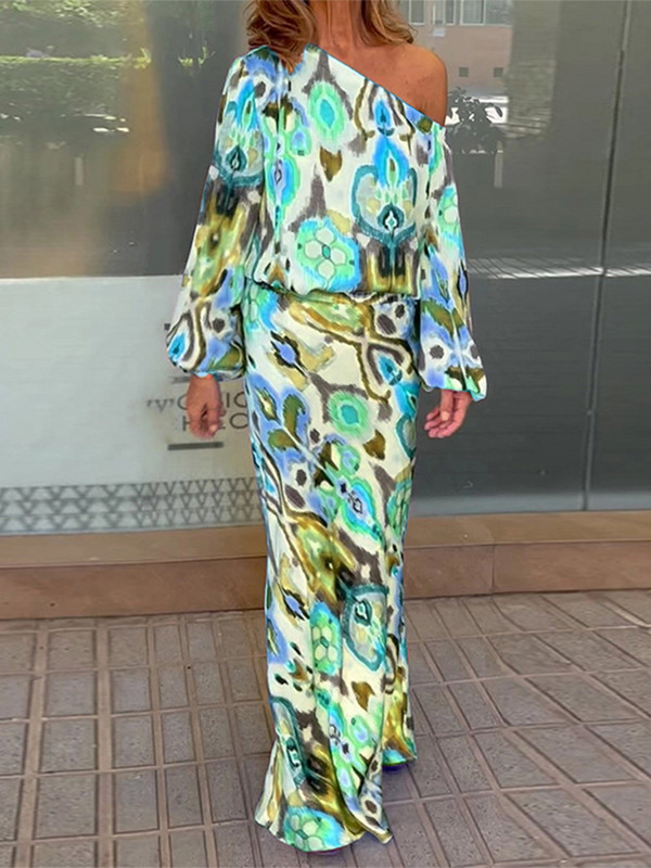 Dámska módna sukňa s dlhým rukávom a potlačou s odhalenými ramenami, 2-dielna súprava s dlhým rukávom a vysokým pásom, letná sukňa s vysokým pásom a potlačou