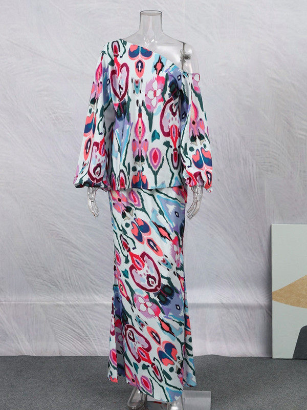 Dámska módna sukňa s dlhým rukávom a potlačou s odhalenými ramenami, 2-dielna súprava s dlhým rukávom a vysokým pásom, letná sukňa s vysokým pásom a potlačou