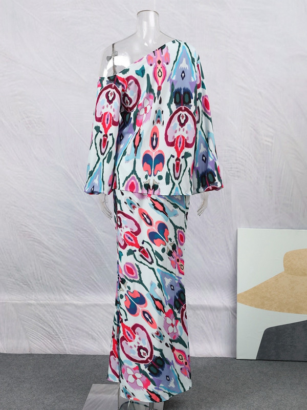 Dámska módna sukňa s dlhým rukávom a potlačou s odhalenými ramenami, 2-dielna súprava s dlhým rukávom a vysokým pásom, letná sukňa s vysokým pásom a potlačou