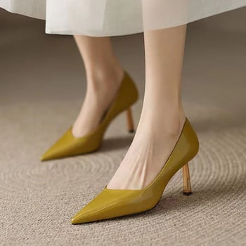 Ol Офис Дамски обувки Дамски лачени помпи Обувки с висок ток Златни тънки токчета Основни помпи Черни дамски обувки Пролет 9957N