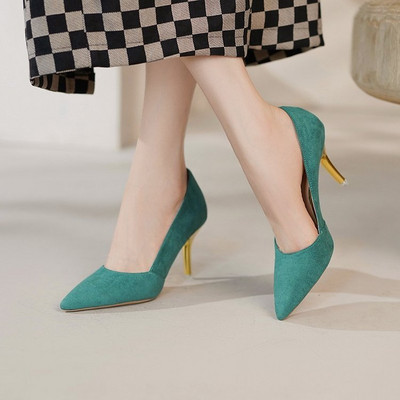 Tocuri înalte Pantofi de femeie din piele intoarsa artificiala cu varf ascutit Pantofi de barca Tocuri aurii Pantofi de rochie Pompe de baza Stilettos negri Primavara Toamna 9676N
