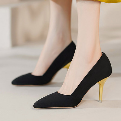 Tocuri înalte Pantofi de femeie din piele intoarsa artificiala cu varf ascutit Pantofi de barca Tocuri aurii Pantofi de rochie Pompe de baza Stilettos negri Primavara Toamna 9676N