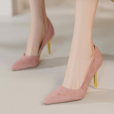Tocuri înalte Pantofi de femeie din piele intoarsa artificiala cu varf ascutit Pantofi de barca Tocuri aurii Pantofi de rochie Pompe de baza Stilettos negri Primavara Toamna 9676N