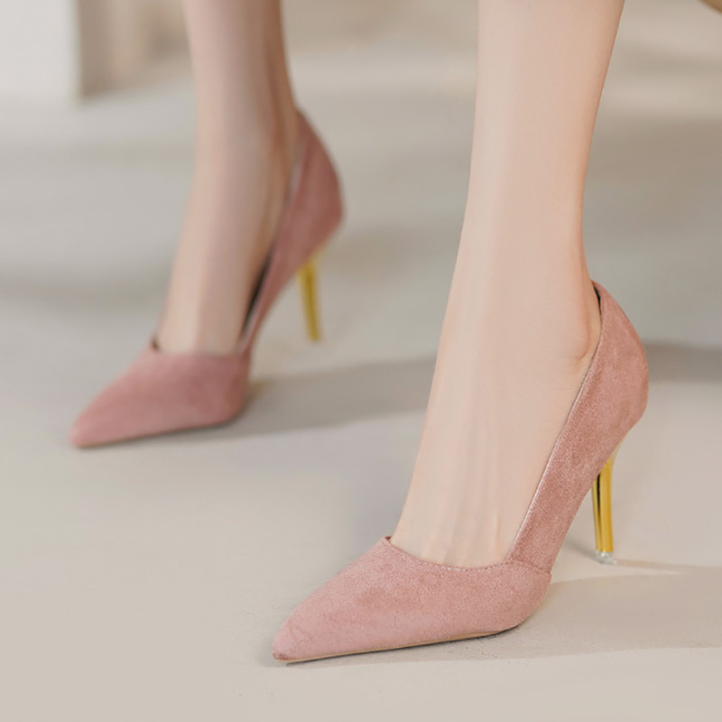 Magas sarkú női cipő Művelúr hegyes orrú csónakcipő aranysarkú ruha cipő Basic pumpák fekete tűsarkú tavaszi ősz 9676N