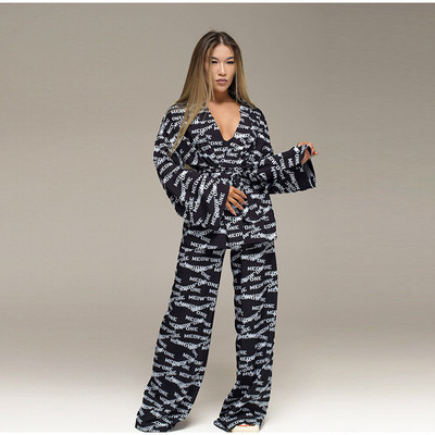 Madingas „Tiger Print“ kelnių rinkinys, moteriškas elegantiškas suvarstomas V kaklo marškiniai ilgomis rankovėmis, dviejų dalių komplektai, 2023 m. vasaros moteriškas namų kostiumas