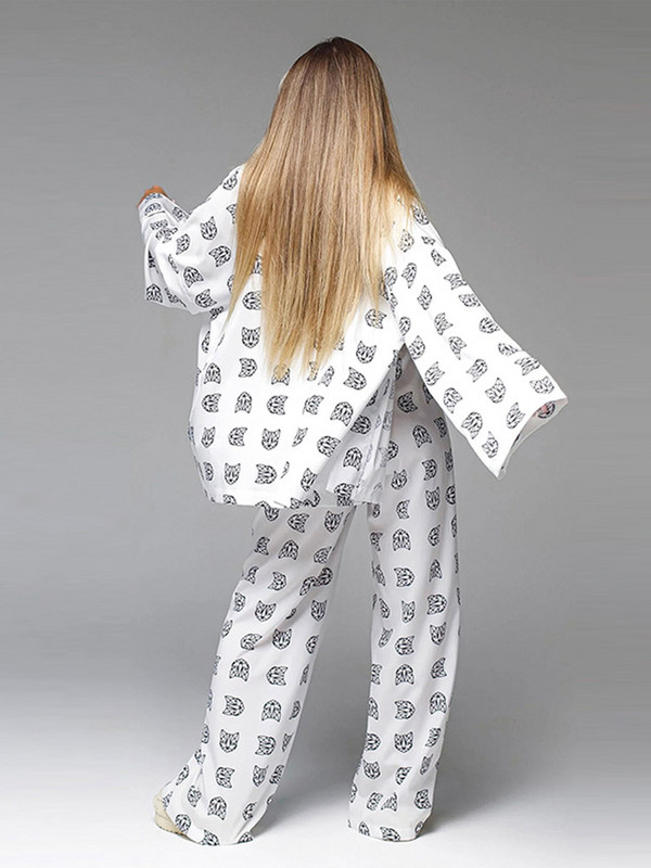 Madingas „Tiger Print“ kelnių rinkinys, moteriškas elegantiškas suvarstomas V kaklo marškiniai ilgomis rankovėmis, dviejų dalių komplektai, 2023 m. vasaros moteriškas namų kostiumas