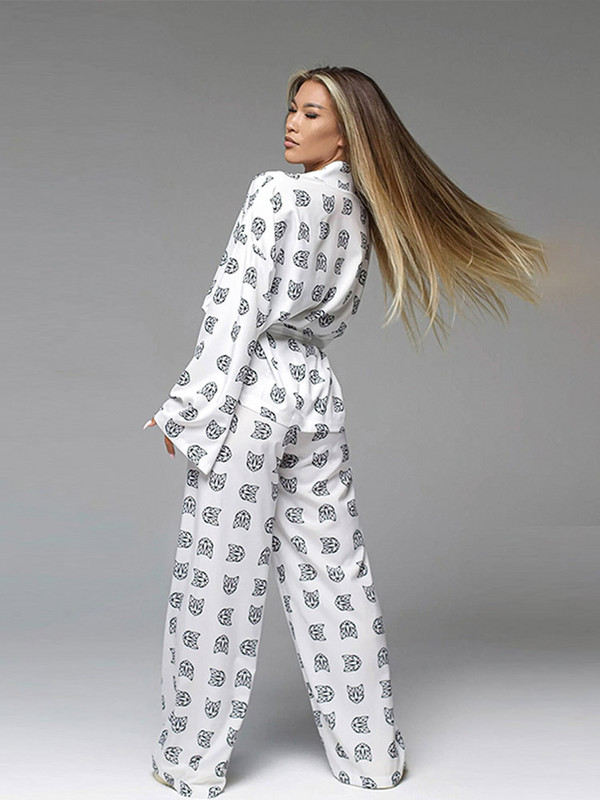 Madingas „Tiger Print“ kelnių rinkinys, moteriškas elegantiškas suvarstomas V kaklo marškiniai ilgomis rankovėmis, dviejų dalių komplektai, 2023 m. vasaros moteriškas namų kostiumas