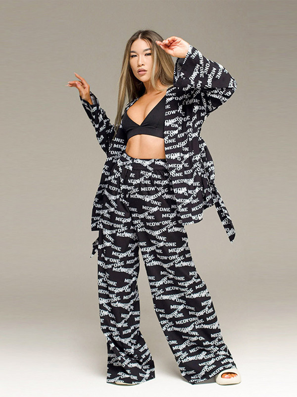 Madingas „Tiger Print“ kelnių rinkinys, moteriškas elegantiškas suvarstomas V kaklo marškiniai ilgomis rankovėmis, dviejų dalių komplektai, 2023 m. vasaros moteriškas namų kostiumas