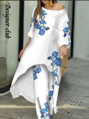 Proljetna, elegantna majica s otvorenim ramenima i do pola rukava, nepravilna dugačka majica Ženska široka dvodijelna hlača s printom Ženska ležerna odjeća