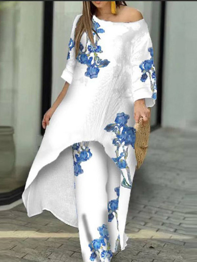 Proljetna, elegantna majica s otvorenim ramenima i do pola rukava, nepravilna dugačka majica Ženska široka dvodijelna hlača s printom Ženska ležerna odjeća