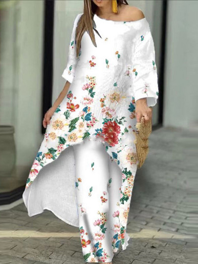 Proljetna, elegantna majica s otvorenim ramenima i do pola rukava, nepravilna dugačka majica Ženska široka dvodijelna hlača s printom Ženska ležerna odjeća