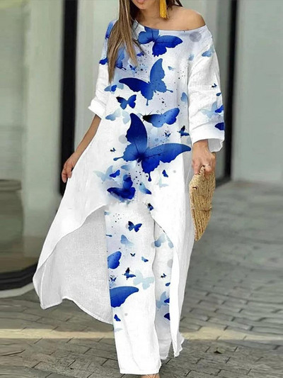 Proljetna, elegantna majica s otvorenim ramenima i do pola rukava, nepravilna dugačka majica Ženska široka dvodijelna hlača s printom Ženska ležerna odjeća