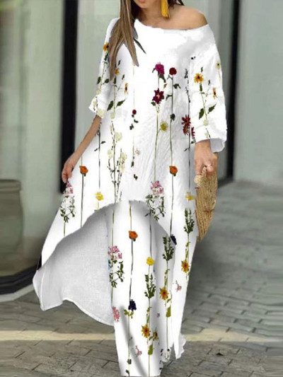 Proljetna, elegantna majica s otvorenim ramenima i do pola rukava, nepravilna dugačka majica Ženska široka dvodijelna hlača s printom Ženska ležerna odjeća