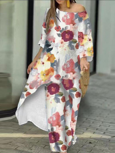 Proljetna, elegantna majica s otvorenim ramenima i do pola rukava, nepravilna dugačka majica Ženska široka dvodijelna hlača s printom Ženska ležerna odjeća