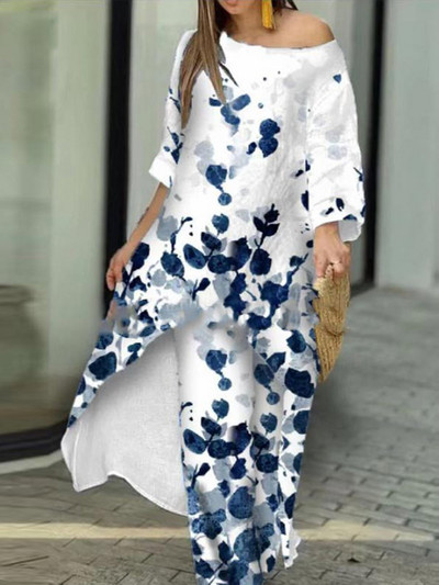 Proljetna, elegantna majica s otvorenim ramenima i do pola rukava, nepravilna dugačka majica Ženska široka dvodijelna hlača s printom Ženska ležerna odjeća