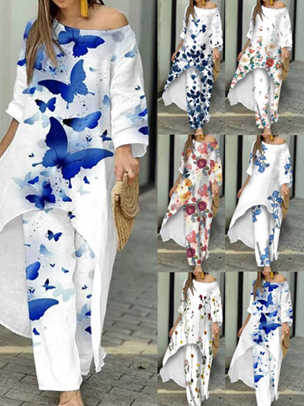 Proljetna, elegantna majica s otvorenim ramenima i do pola rukava, nepravilna dugačka majica Ženska široka dvodijelna hlača s printom Ženska ležerna odjeća