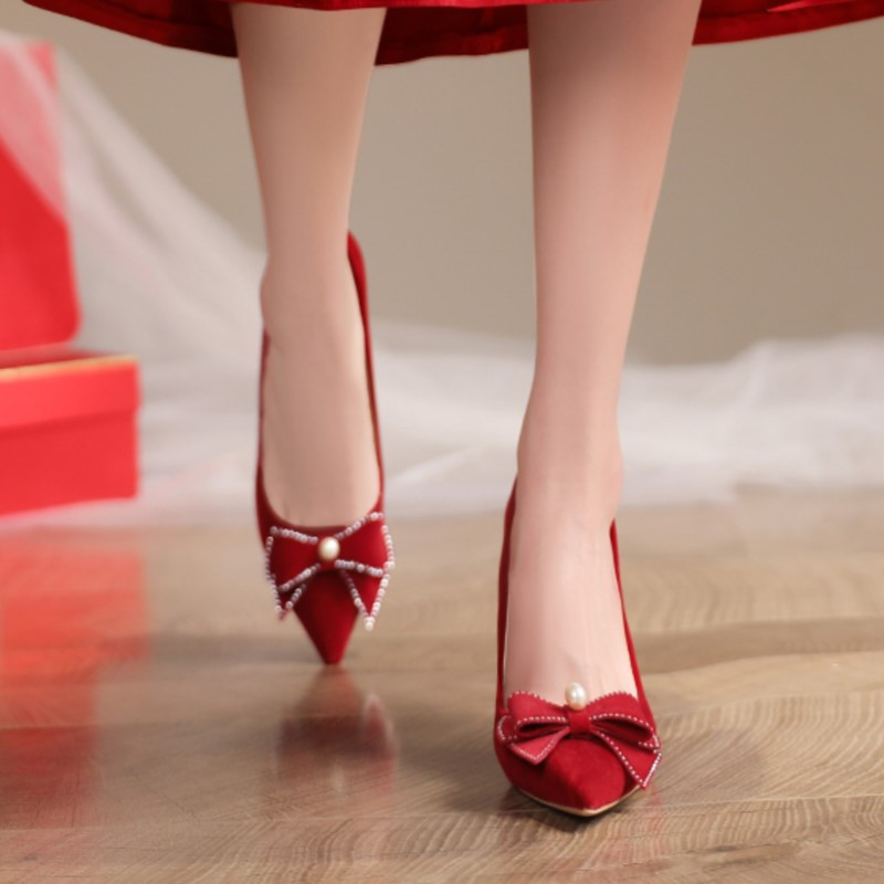 Plus Size 35-42 Γυναικείες αντλίες Ψηλοτάκουνα Flock Κόκκινα Γαμήλια Παπούτσια Μυτερά Παπούτσια Boat Pearl Bowtie Χρυσά Γόβες Stilettos 1633N