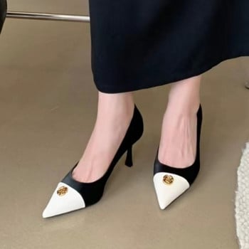 Нови дамски рокли Обувки с бели пръсти Помпи с остри пръсти Пачуърк обувки с високи токчета Обувки тип лодка за жени Есен 1644N