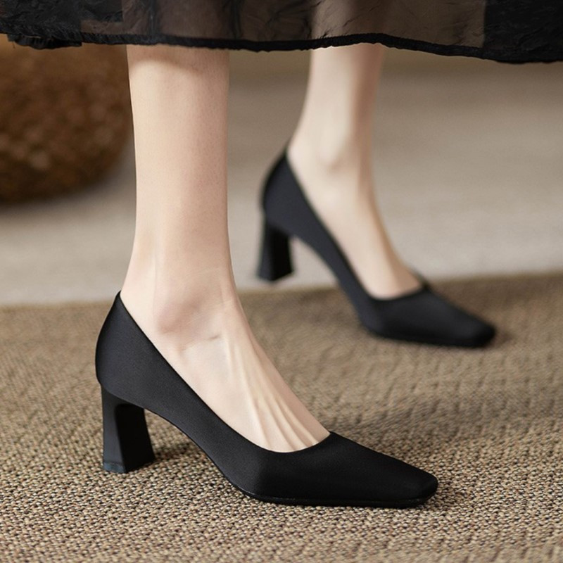 Γυναικείες βασικές αντλίες Flock ψηλοτάκουνα παπούτσια βάρκας Μαύρα ρηχά παπούτσια φορέματος Νέα συνοπτική αντλία Zapatos Mujer Άνοιξη Φθινόπωρο 1654N