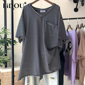 Letné kórejské pruhované nadrozmerné dámske oblečenie 2023 Nové pulóvre s výstrihom do V, voľné topy strednej dĺžky, dámske voľné ležérne tričko