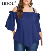 Ljeto Jesen Jednobojne, seksi, elegantne modne majice kratkih rukava, ženske majice s otvorenim ramenima, srednjim rukavima, leptir-kravatom, nepravilnim prevelikim ženskim majicama