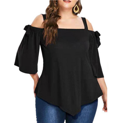 Ljeto Jesen Jednobojne, seksi, elegantne modne majice kratkih rukava, ženske majice s otvorenim ramenima, srednjim rukavima, leptir-kravatom, nepravilnim prevelikim ženskim majicama