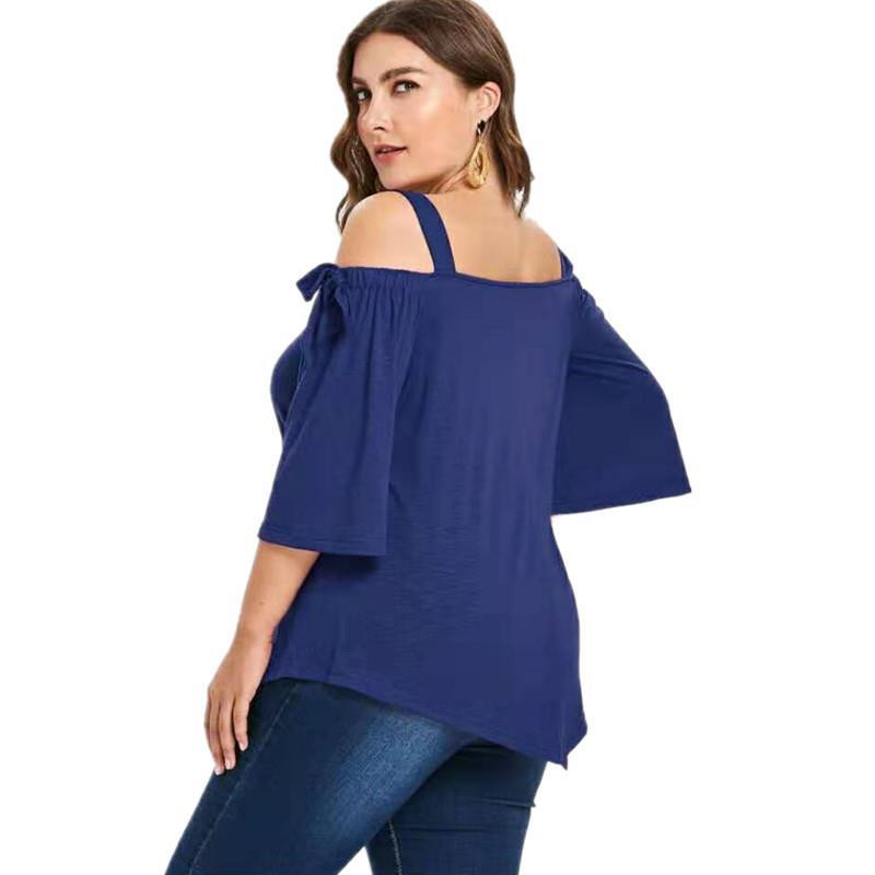 Ljeto Jesen Jednobojne, seksi, elegantne modne majice kratkih rukava, ženske majice s otvorenim ramenima, srednjim rukavima, leptir-kravatom, nepravilnim prevelikim ženskim majicama