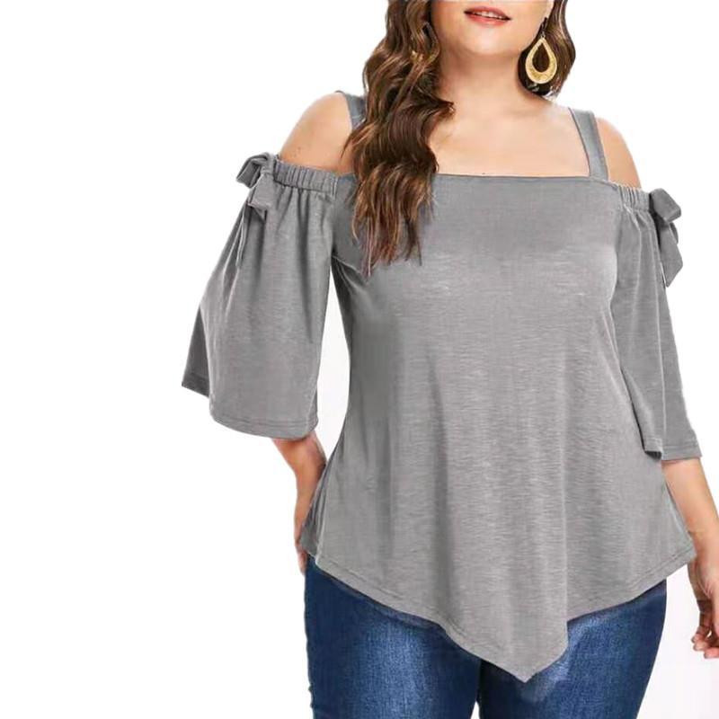 Ljeto Jesen Jednobojne, seksi, elegantne modne majice kratkih rukava, ženske majice s otvorenim ramenima, srednjim rukavima, leptir-kravatom, nepravilnim prevelikim ženskim majicama