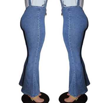 2020 Дамски дънкови гащеризони Еластични дънки с широки крачоли Модни каишки с висока талия Дълги дънки Клеш панталони Гащеризон Сини дънки Гащеризон