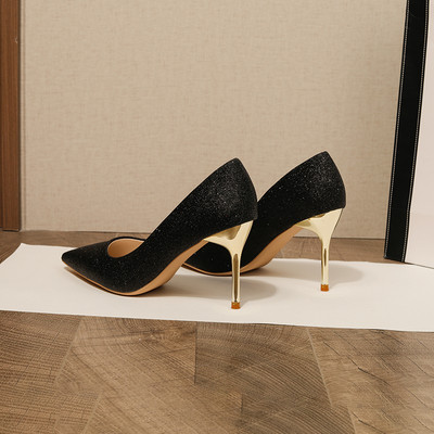 Pompi de bază pentru femei de mărime mare, pantofi de nuntă argintii, paiete, paiete stiletto, pantofi rochii cu vârf ascuțit, aurii, negri, pantofi de barca 1636N