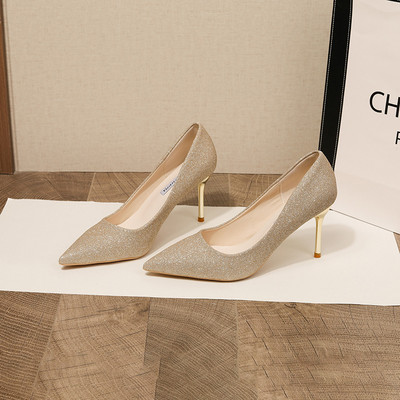 Pompi de bază pentru femei de mărime mare, pantofi de nuntă argintii, paiete, paiete stiletto, pantofi rochii cu vârf ascuțit, aurii, negri, pantofi de barca 1636N