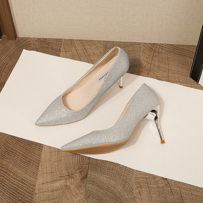 Pompi de bază pentru femei de mărime mare, pantofi de nuntă argintii, paiete, paiete stiletto, pantofi rochii cu vârf ascuțit, aurii, negri, pantofi de barca 1636N