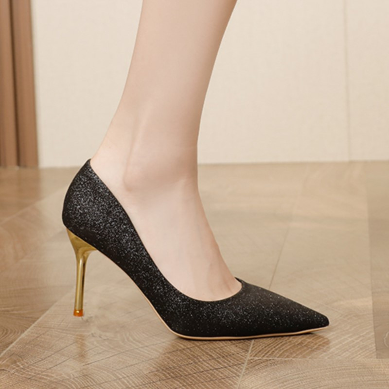 Pompi de bază pentru femei de mărime mare, pantofi de nuntă argintii, paiete, paiete stiletto, pantofi rochii cu vârf ascuțit, aurii, negri, pantofi de barca 1636N
