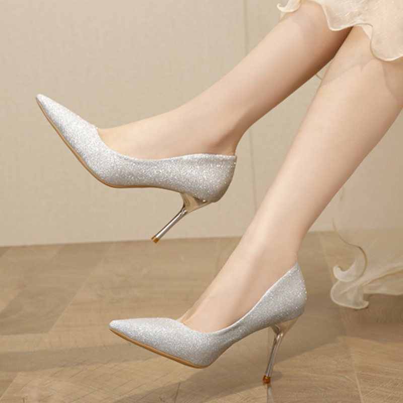 Pompi de bază pentru femei de mărime mare, pantofi de nuntă argintii, paiete, paiete stiletto, pantofi rochii cu vârf ascuțit, aurii, negri, pantofi de barca 1636N