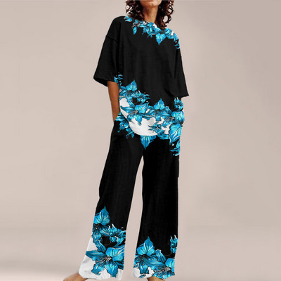 Femei de vară Imprime Seturi ample cu gât rotund Top cu mânecă scurtă și pantaloni cu picioare late Costume Causal Streetwear Seturi elegante de birou