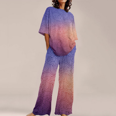Femei de vară Imprime Seturi ample cu gât rotund Top cu mânecă scurtă și pantaloni cu picioare late Costume Causal Streetwear Seturi elegante de birou