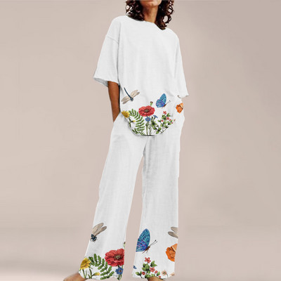 Femei de vară Imprime Seturi ample cu gât rotund Top cu mânecă scurtă și pantaloni cu picioare late Costume Causal Streetwear Seturi elegante de birou