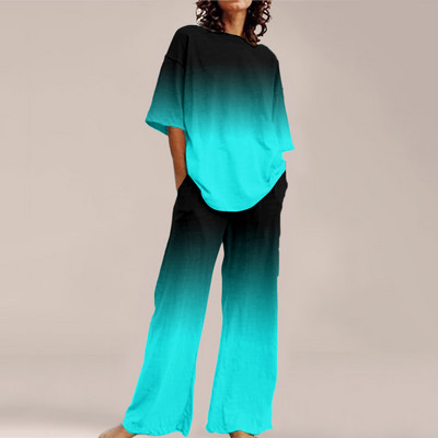 Femei de vară Imprime Seturi ample cu gât rotund Top cu mânecă scurtă și pantaloni cu picioare late Costume Causal Streetwear Seturi elegante de birou